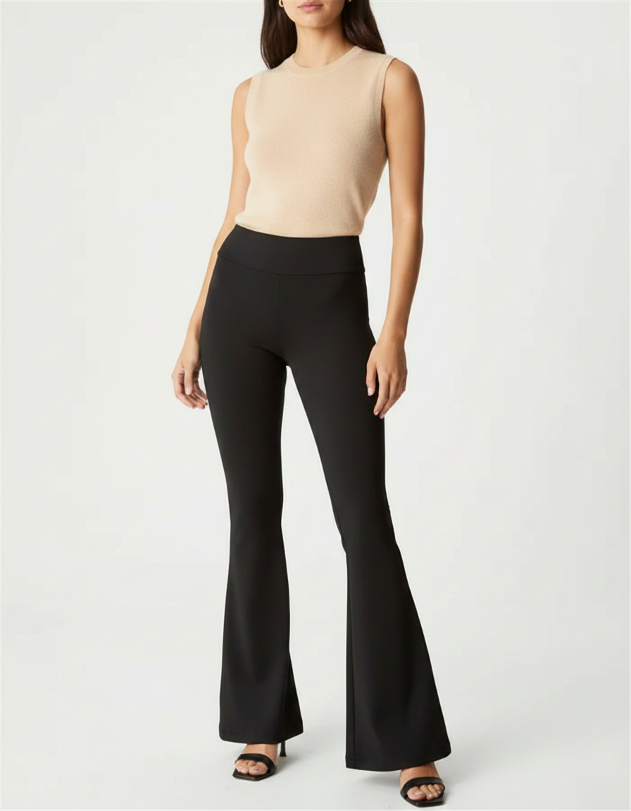 Pantalon Patte D'Éléphant Noir Évasé Fluide Taille Haute - Polyester