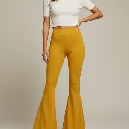 Pantalon Patte D'Éléphant Jaune Moutarde Taille Haute Évasé Moulant - Maille