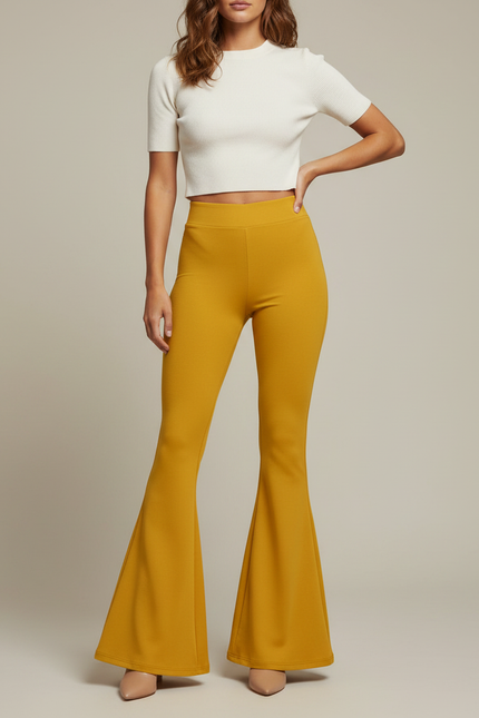 Pantalon Patte D'Éléphant Jaune Moutarde Taille Haute Évasé Moulant - Maille