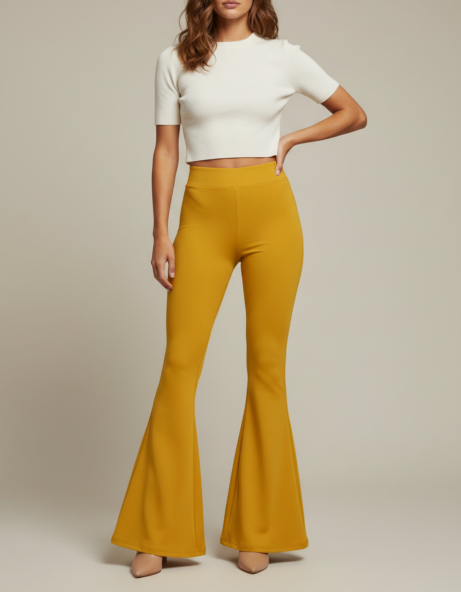 Pantalon Patte D'Éléphant Jaune Moutarde Taille Haute Évasé Moulant - Maille