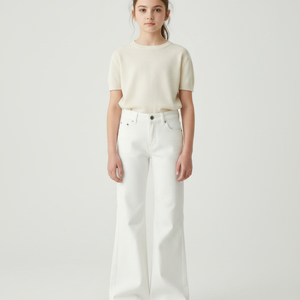 Pantalon Patte D'Éléphant Blanc Denim Évasé Taille Haute Fille - Jean