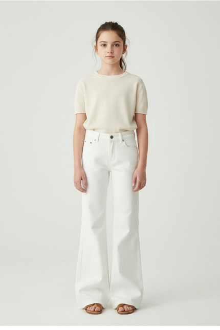 Pantalon Patte D'Éléphant Blanc Denim Évasé Taille Haute Fille - Jean