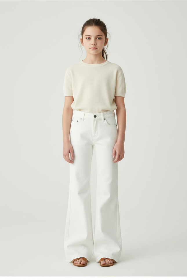 Pantalon Patte D'Éléphant Blanc Denim Évasé Taille Haute Fille - Jean