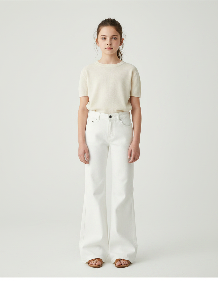 Pantalon Patte D'Éléphant Blanc Denim Évasé Taille Haute Fille - Jean