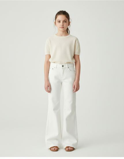 Pantalon Patte D'Éléphant Blanc Denim Évasé Taille Haute Fille - Jean