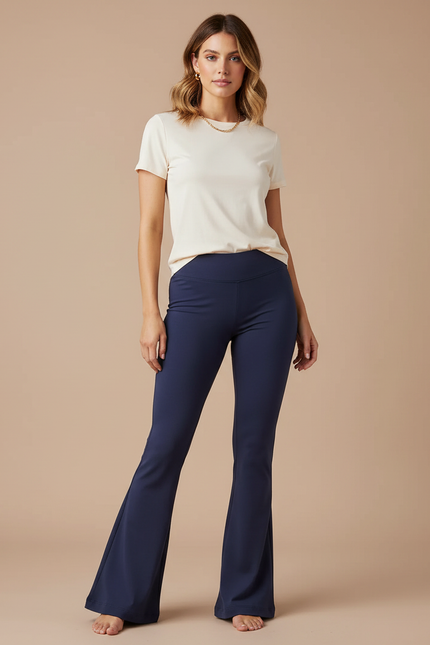 Pantalon Patte D'Éléphant Bleu Marine Taille Haute Confortable - Polyester