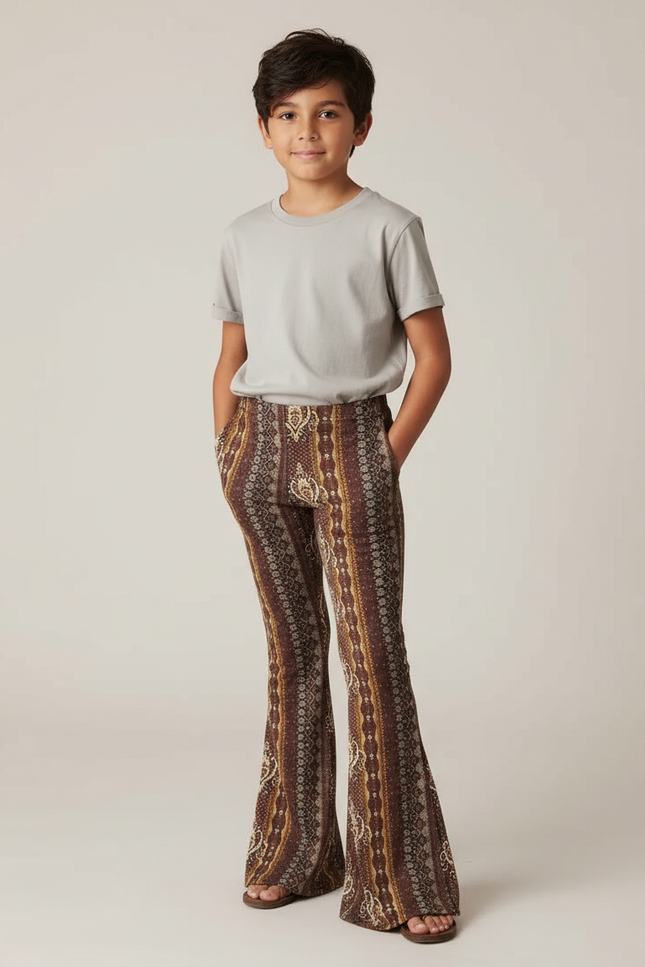 Pantalon Patte D'Éléphant Marron Imprimé Évasé Décontracté Enfant - Maille
