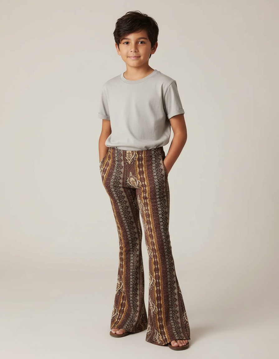 Pantalon Patte D'Éléphant Marron Imprimé Évasé Décontracté Enfant - Maille