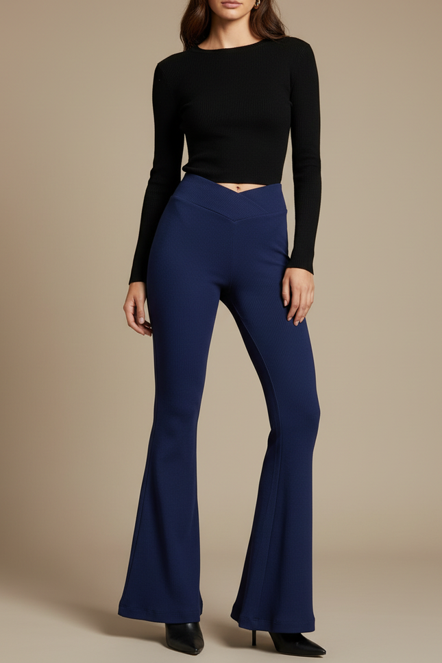 Pantalon Patte D'Éléphant Bleu Marine Côtelé Évasé Taille Haute - Maille