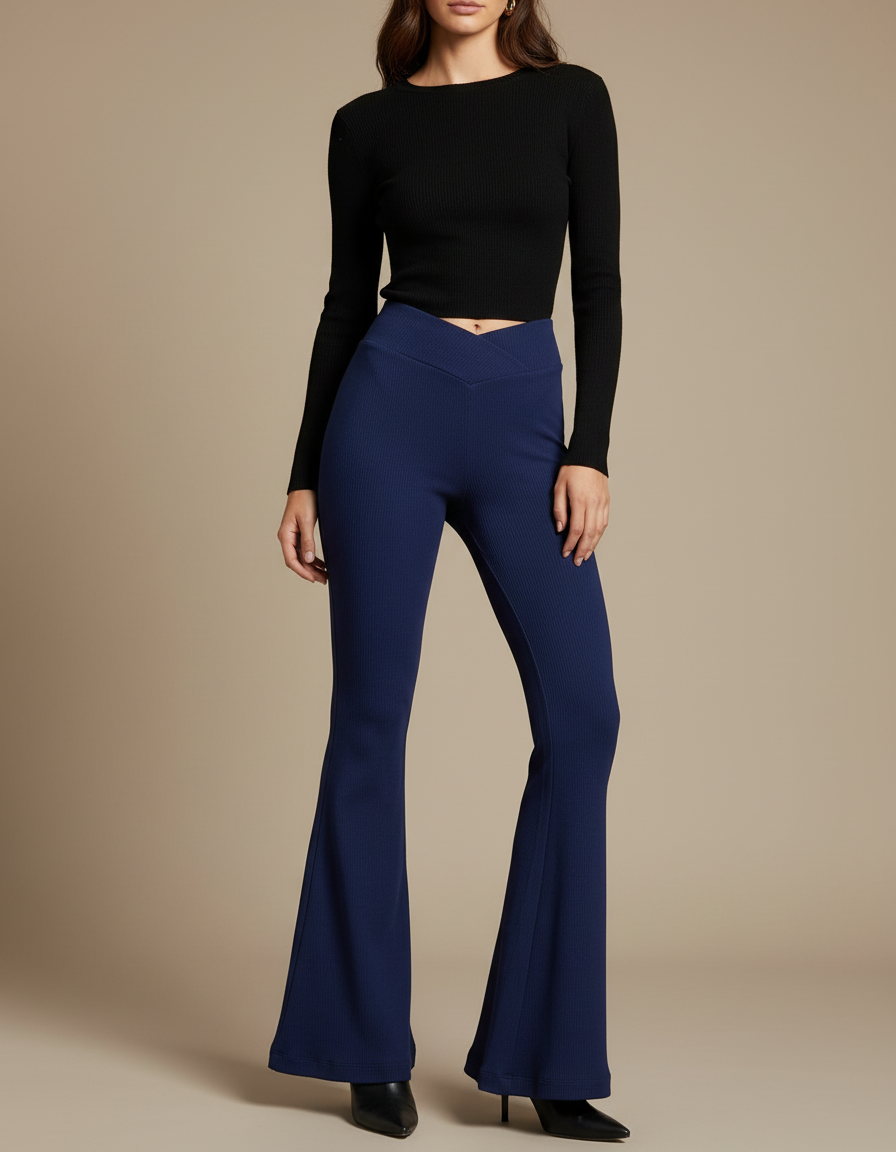 Pantalon Patte D'Éléphant Bleu Marine Côtelé Évasé Taille Haute - Maille