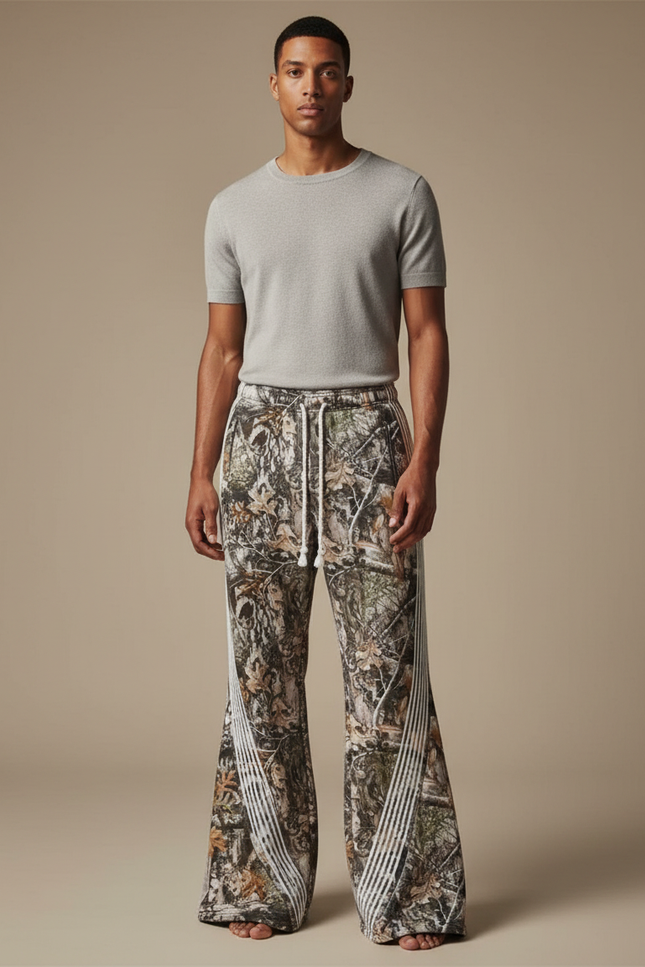 Pantalon Patte D'Éléphant Camouflage Rayures Sportif Évasé Cordon - Imprimé Molleton