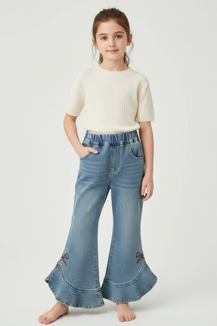 Pantalon Patte D'Éléphant Denim Bleu Brodé Nœuds Volants Enfant - Jean