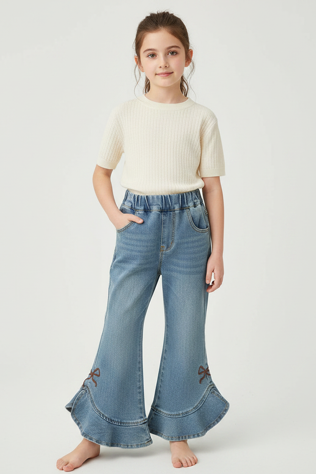 Pantalon Patte D'Éléphant Denim Bleu Brodé Nœuds Volants Enfant - Jean