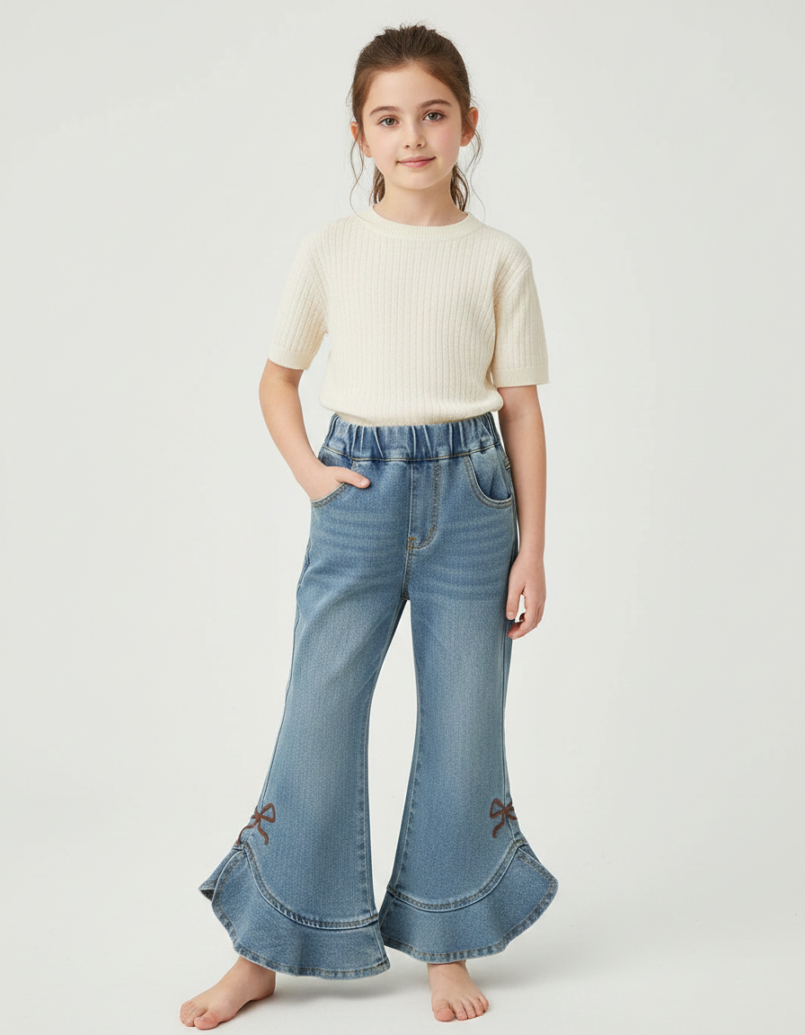 Pantalon Patte D'Éléphant Denim Bleu Brodé Nœuds Volants Enfant - Jean