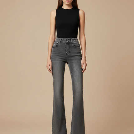 Pantalon Patte D'Éléphant Jean Gris Taille Haute Effet Vieilli