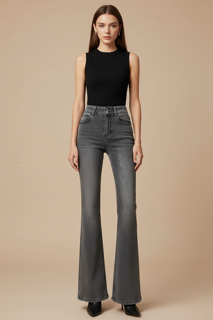 Pantalon Patte D'Éléphant Jean Gris Taille Haute Effet Vieilli