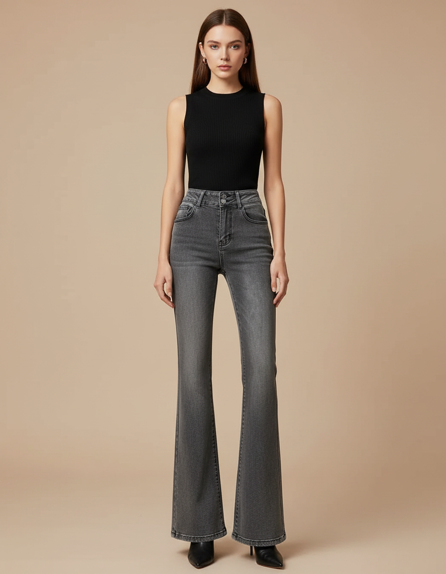 Pantalon Patte D'Éléphant Jean Gris Taille Haute Effet Vieilli