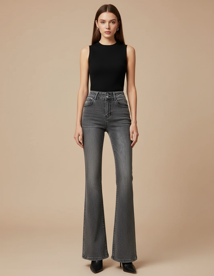 Pantalon Patte D'Éléphant Jean Gris Taille Haute Effet Vieilli