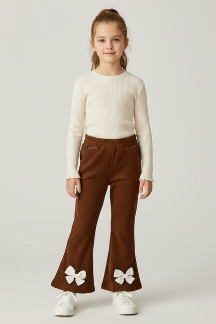 Pantalon Patte D'Éléphant Côtelé Marron Nœuds Fille - Cordé