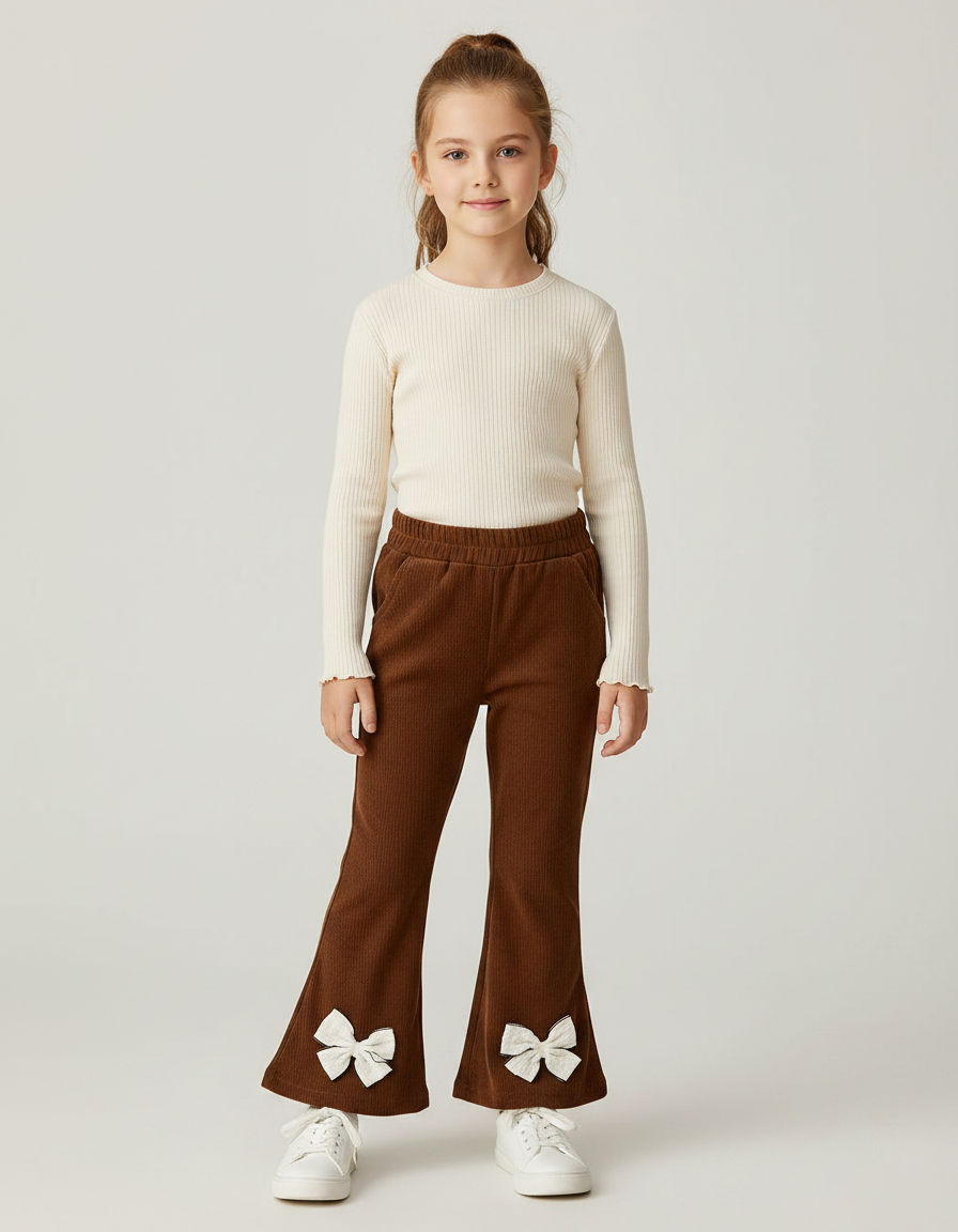 Pantalon Patte D'Éléphant Côtelé Marron Nœuds Fille - Cordé