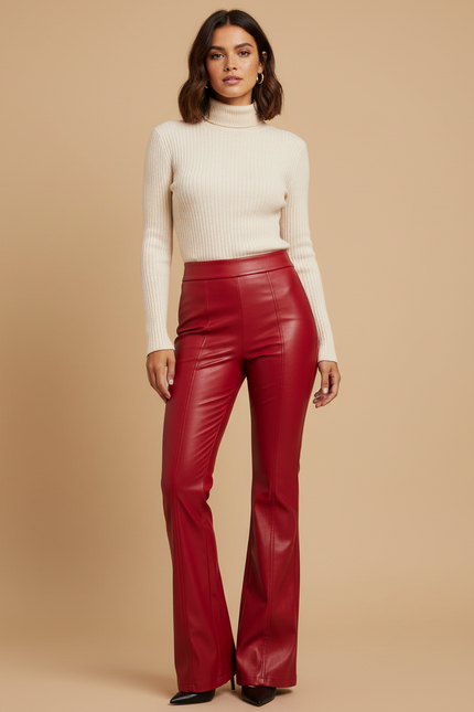 Pantalon Patte D'Éléphant Rouge Similicuir Taille Haute Évasé - Simili cuir