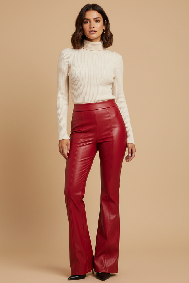 Pantalon Patte D'Éléphant Rouge Similicuir Taille Haute Évasé - Simili cuir