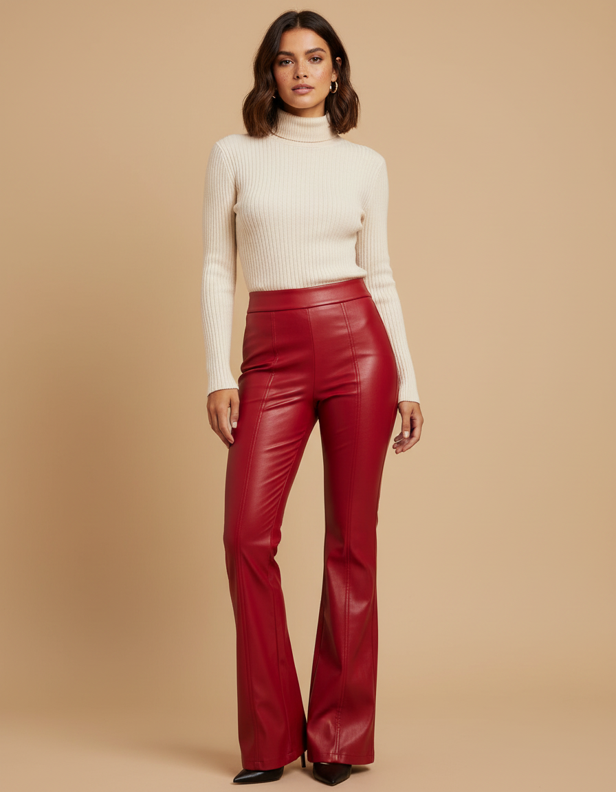 Pantalon Patte D'Éléphant Rouge Similicuir Taille Haute Évasé - Simili cuir