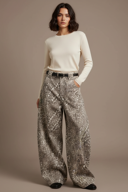 Pantalon Patte D'Éléphant Léopard Imprimé Denim Oversize Décontracté - Jean