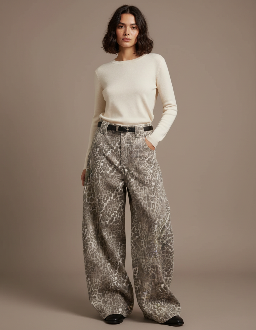 Pantalon Patte D'Éléphant Léopard Imprimé Denim Oversize Décontracté - Jean