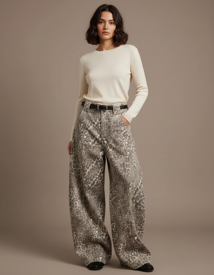 Pantalon Patte D'Éléphant Léopard Imprimé Denim Oversize Décontracté - Jean