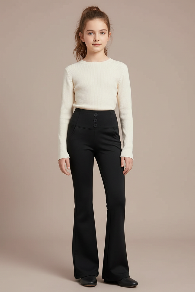 Pantalon Patte D'Éléphant Noir Évasé Taille Haute Boutons - Polyester