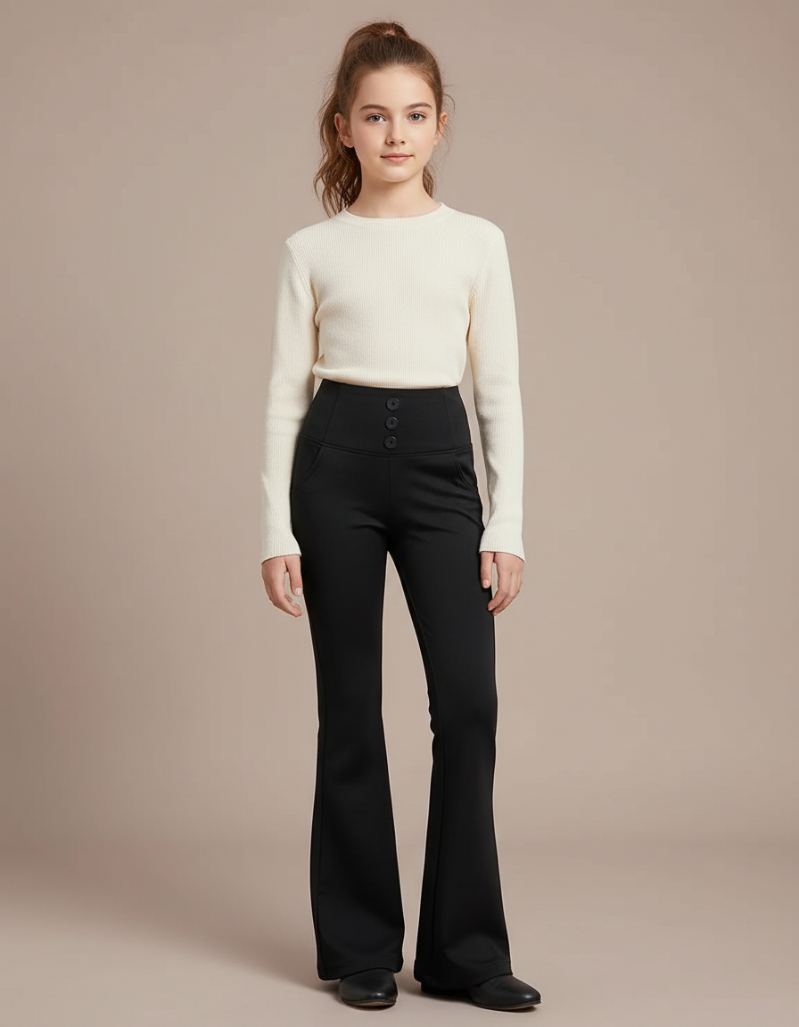 Pantalon Patte D'Éléphant Noir Évasé Taille Haute Boutons - Polyester