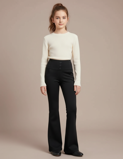 Pantalon Patte D'Éléphant Noir Évasé Taille Haute Boutons - Polyester