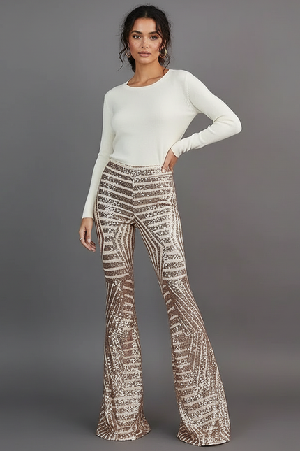 Pantalon Patte D'Éléphant Paillettes Dorées Géométrique Taille Haute - Polyester