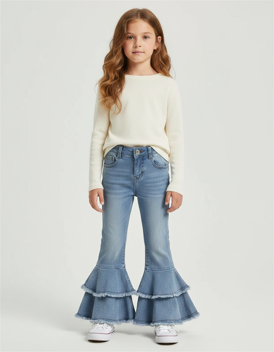 Pantalon Patte D'Éléphant Volants Denim Bleu Enfant Fille - Jean