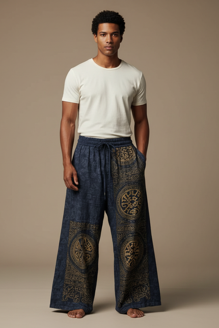 Pantalon Patte D'Éléphant Bleu Imprimé Ethnique Ample Coton