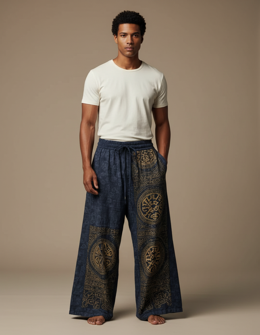 Pantalon Patte D'Éléphant Bleu Imprimé Ethnique Ample Coton