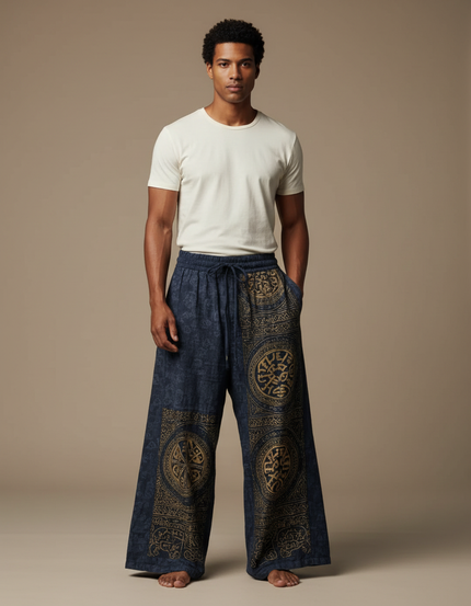 Pantalon Patte D'Éléphant Bleu Imprimé Ethnique Ample Coton
