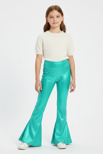 Pantalon Patte D'Éléphant Évasé Brillant Vert Métallisé Fille - Simili cuir