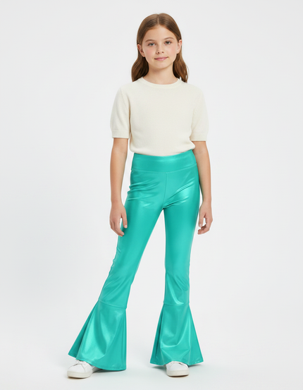 Pantalon Patte D'Éléphant Évasé Brillant Vert Métallisé Fille - Simili cuir