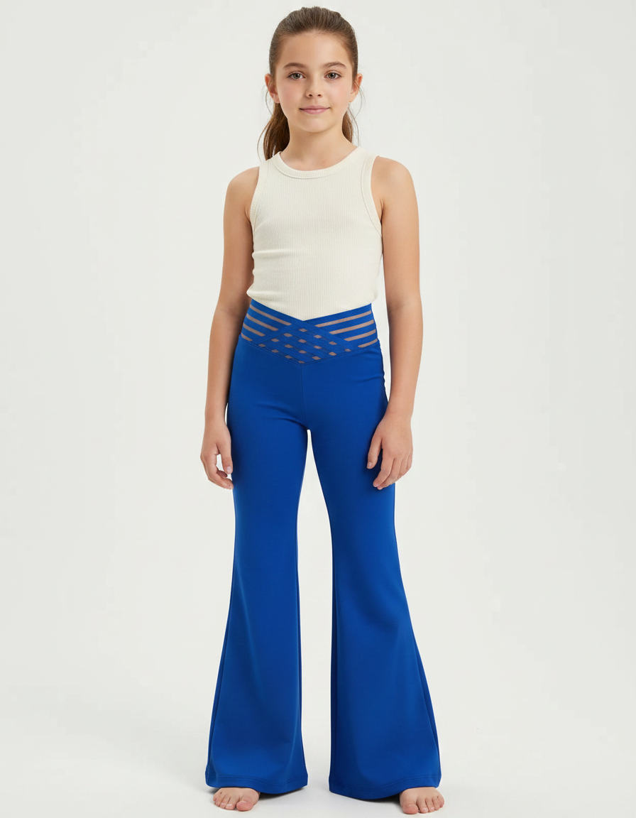 Pantalon Patte D'Éléphant Bleu Élastique Taille Haute Fille - Polyester