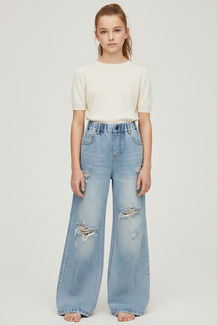 Pantalon Patte D'Éléphant Jean Bleu Déchiré Taille Élastique Large