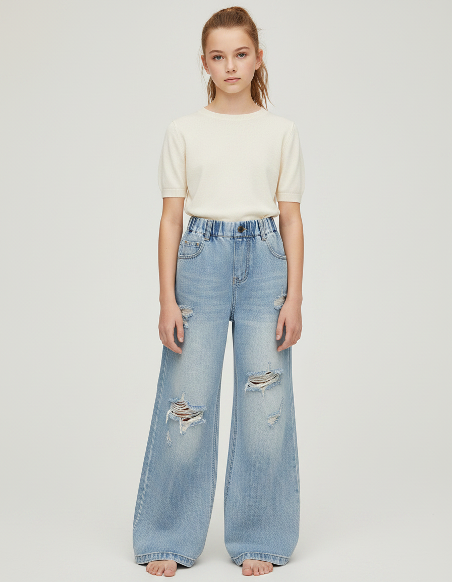 Pantalon Patte D'Éléphant Jean Bleu Déchiré Taille Élastique Large