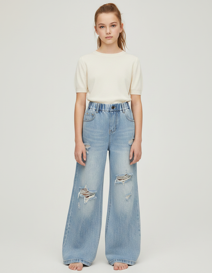 Pantalon Patte D'Éléphant Jean Bleu Déchiré Taille Élastique Large