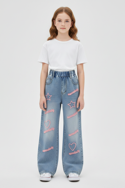 Pantalon Patte D'Éléphant Denim Brodé Étoiles Coeurs Ample Fille - Bleu Jean