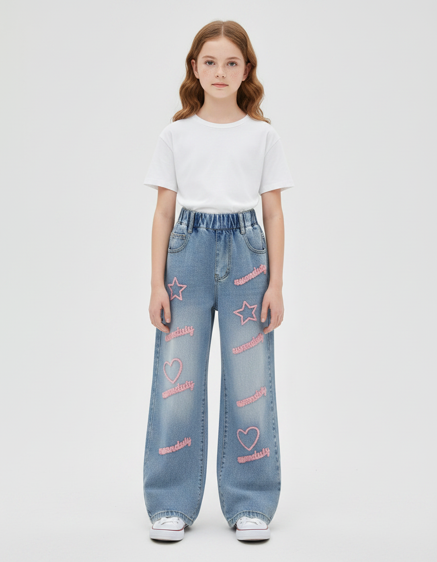 Pantalon Patte D'Éléphant Denim Brodé Étoiles Coeurs Ample Fille - Bleu Jean