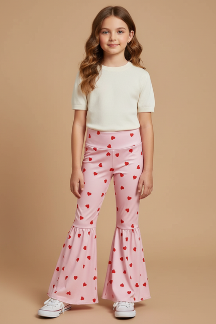 Pantalon Patte D'Éléphant Rose Cœurs Évasé Confortable Fille - Polyester