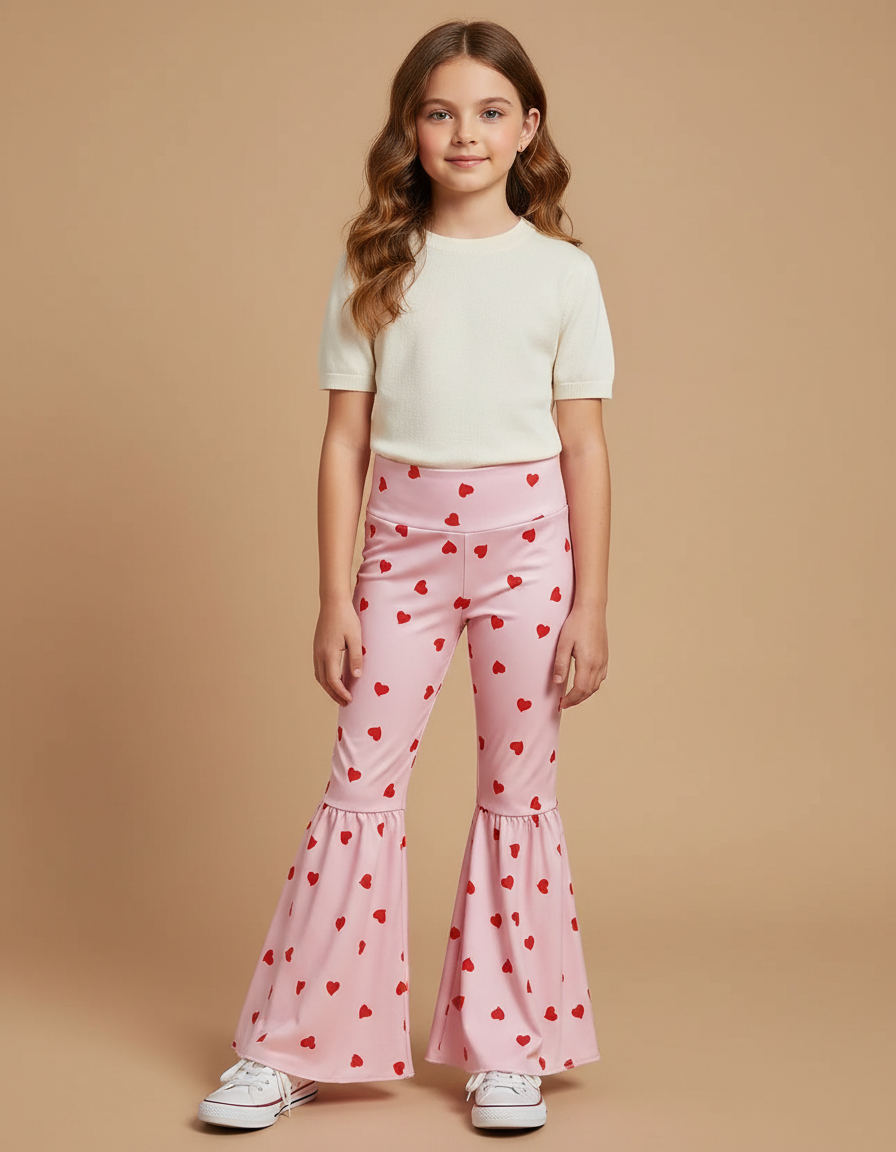 Pantalon Patte D'Éléphant Rose Cœurs Évasé Confortable Fille - Polyester