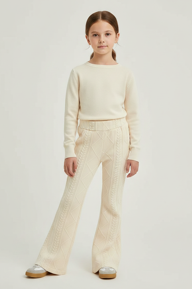 Pantalon Patte D'Éléphant Crème Tricoté Cable Fille - Beige Maille