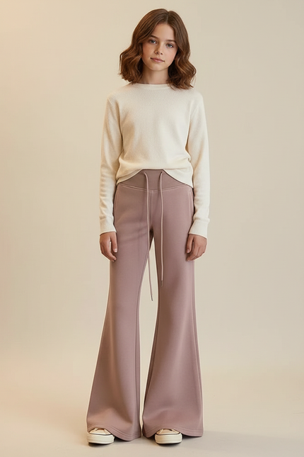Pantalon Patte D'Éléphant Évasé Molleton Rose Décontracté Fille